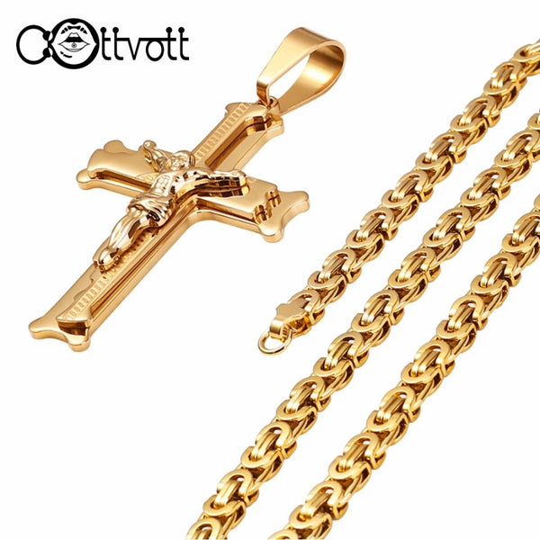 Gold Color Stainless Steel Jesus Cross 21.65" Pendant Necklace