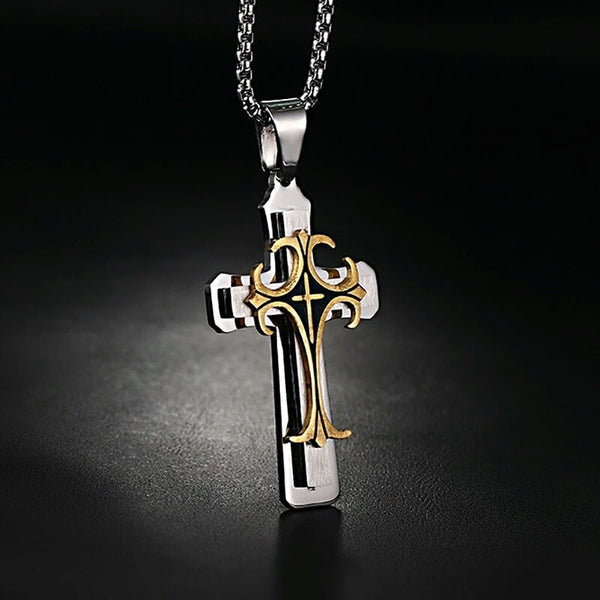 Meaeguet Stainless Steel Bold Large Layered Statement Cross For Men Male Pendant Necklace - 24" Chain