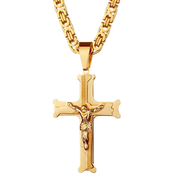 Gold Color Stainless Steel Jesus Cross 21.65" Pendant Necklace