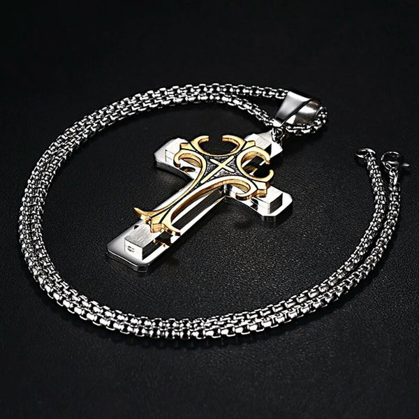 Meaeguet Stainless Steel Bold Large Layered Statement Cross For Men Male Pendant Necklace - 24" Chain