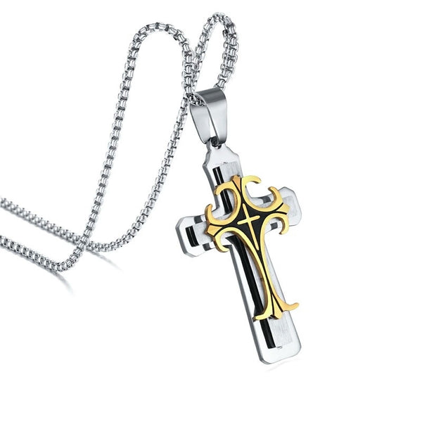 Meaeguet Stainless Steel Bold Large Layered Statement Cross For Men Male Pendant Necklace - 24" Chain