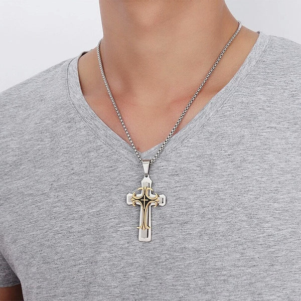 Meaeguet Stainless Steel Bold Large Layered Statement Cross For Men Male Pendant Necklace - 24" Chain