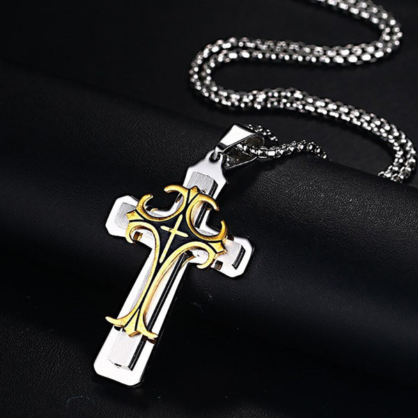 Meaeguet Stainless Steel Bold Large Layered Statement Cross For Men Male Pendant Necklace - 24" Chain