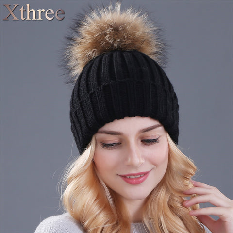 Xthree mink and fox fur ball cap pom poms winter hat for women girl 's hat knitted  beanies cap brand new thick female cap
