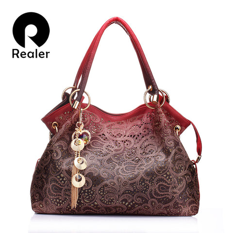 REALER brand women bag hollow out ombre handbag floral print shoulder bags ladies pu leather tote bag red/gray/blue