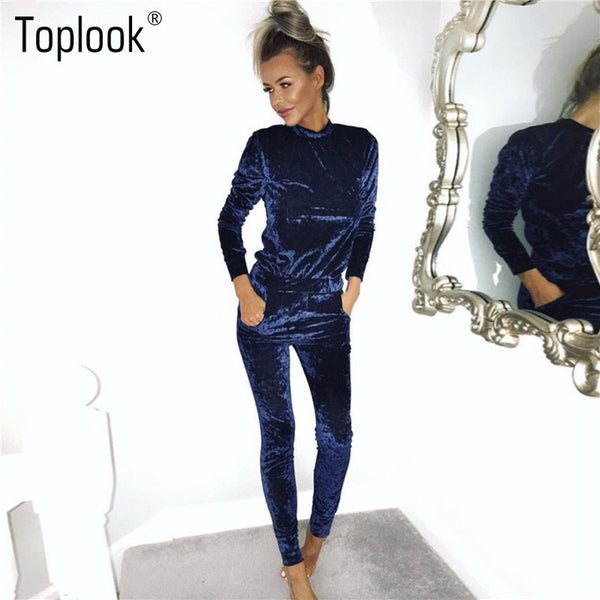 Toplook Velvet Tracksuit Two Piece Set Women Sexy Pink Long Sleeve Top And Pants Bodysuit Suit Runway Fashion 2017 Trainingspak