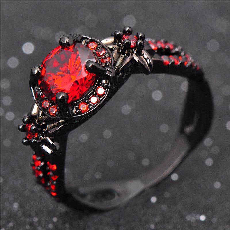 Fashion Flower Shiny Red Ring Red Garnet Women Charming Engagement Jewelry Black Gold Filled Promise Rings Bijoux Femme RB0435