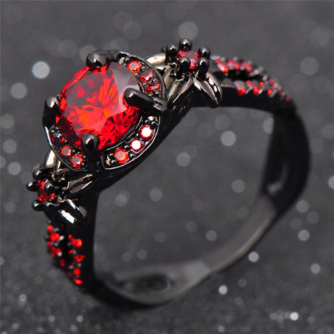 Fashion Flower Shiny Red Ring Red Garnet Women Charming Engagement Jewelry Black Gold Filled Promise Rings Bijoux Femme RB0435