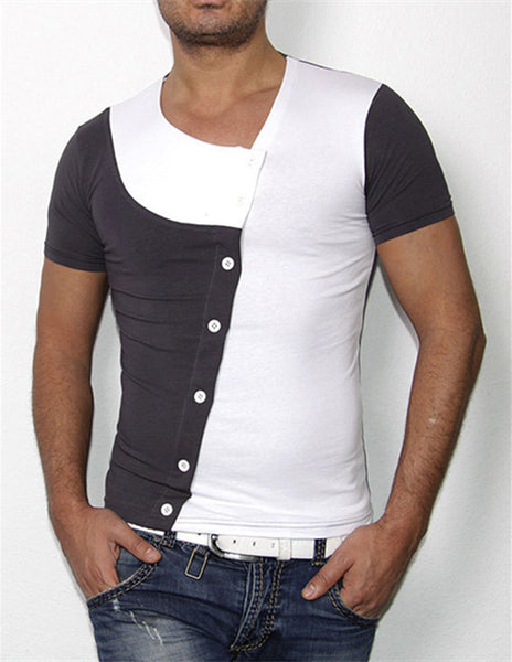2017 New Arrival Slanting Patchwork Cotton Long Sleeve Men T-Shirt Free Shipping Solid T Shirt Drop Shipping Slim 4 Color