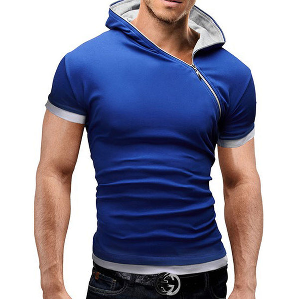 2017 new summer t shirt men inclined zipper design hooded man t-shirt Fitness tshirt homme men clothing 6 colors