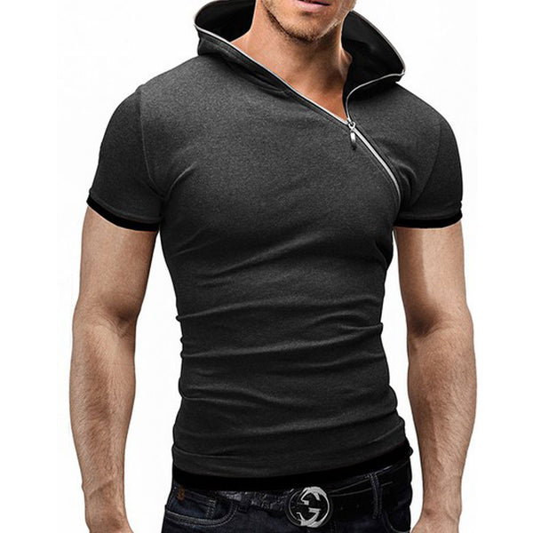 2017 new summer t shirt men inclined zipper design hooded man t-shirt Fitness tshirt homme men clothing 6 colors