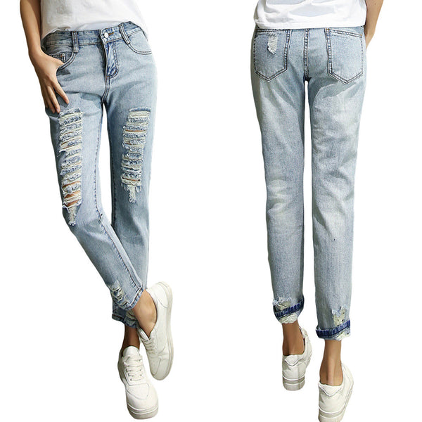 2017 New Skinny Women Jeans Fashion Loose High-waist Pencil Pants Casual Washed Hole Ripped Boyfriend Female Stretch Denim Pants