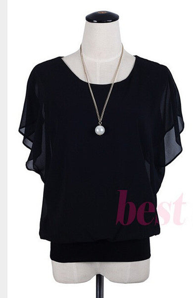 New Womens Tops Fashion 2017 Women Summer Chiffon Blouse Plus Size Ruffle Batwing Short Sleeve Casual Shirt Black White Red Blue