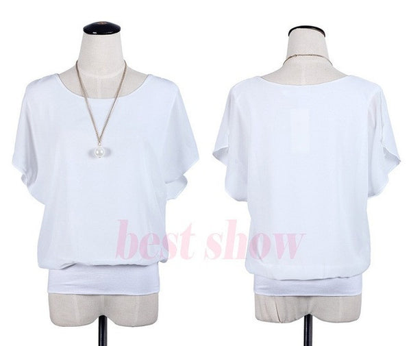 New Womens Tops Fashion 2017 Women Summer Chiffon Blouse Plus Size Ruffle Batwing Short Sleeve Casual Shirt Black White Red Blue