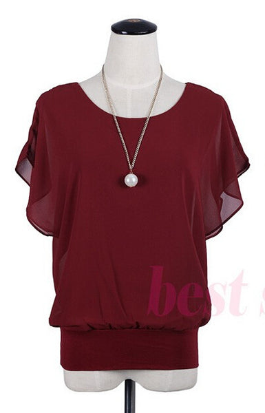 New Womens Tops Fashion 2017 Women Summer Chiffon Blouse Plus Size Ruffle Batwing Short Sleeve Casual Shirt Black White Red Blue