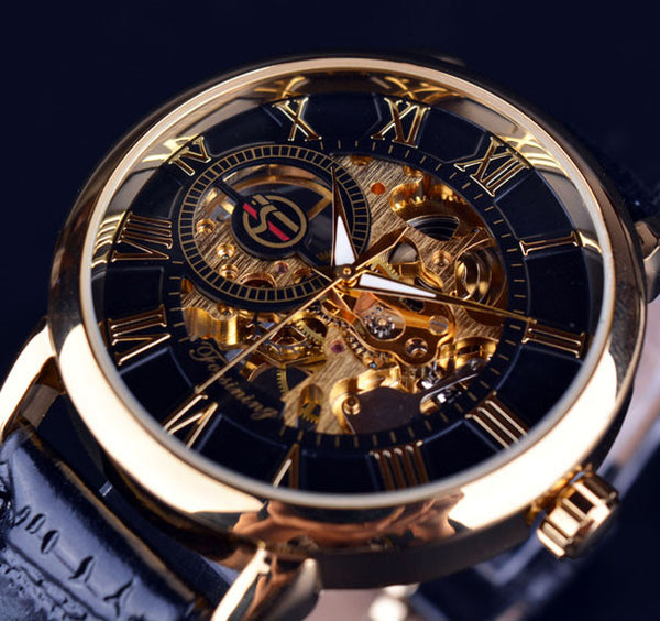 Forsining 3d Logo Design Hollow Engraving Black Gold Case Leather Skeleton Mechanical Watches Men Luxury Brand Heren Horloge