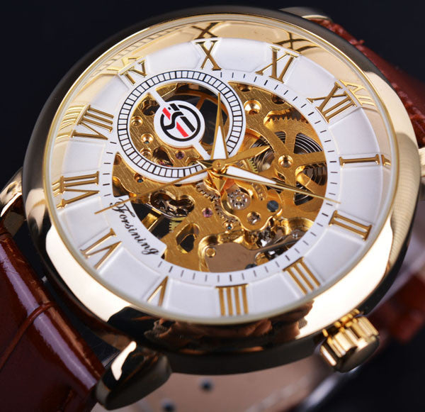 Forsining 3d Logo Design Hollow Engraving Black Gold Case Leather Skeleton Mechanical Watches Men Luxury Brand Heren Horloge