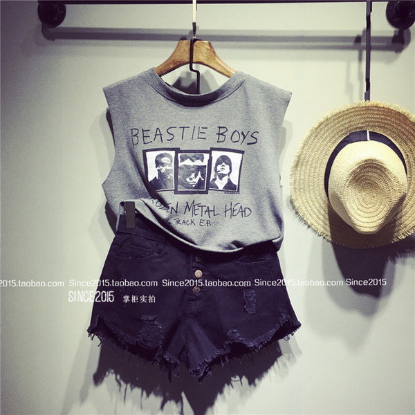2017 European and American BF summer wind female blue high waist denim shorts women worn loose burr hole jeans shorts plus size