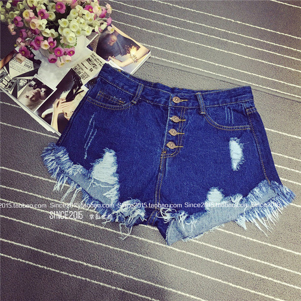 2017 European and American BF summer wind female blue high waist denim shorts women worn loose burr hole jeans shorts plus size