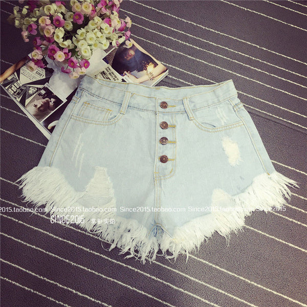 2017 European and American BF summer wind female blue high waist denim shorts women worn loose burr hole jeans shorts plus size