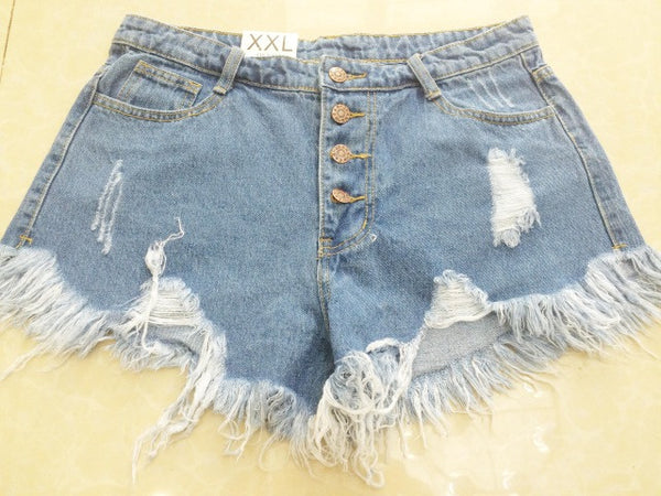 2017 European and American BF summer wind female blue high waist denim shorts women worn loose burr hole jeans shorts plus size
