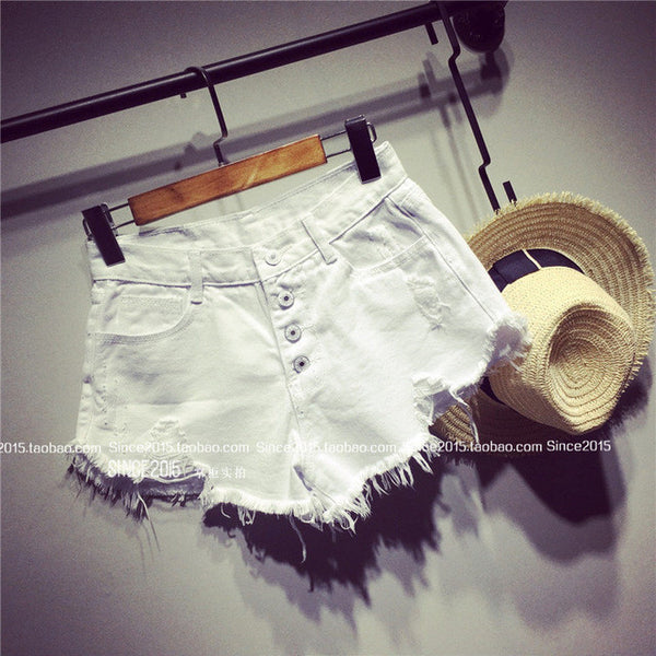 2017 European and American BF summer wind female blue high waist denim shorts women worn loose burr hole jeans shorts plus size