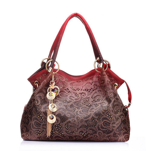 REALER brand women bag hollow out ombre handbag floral print shoulder bags ladies pu leather tote bag red/gray/blue