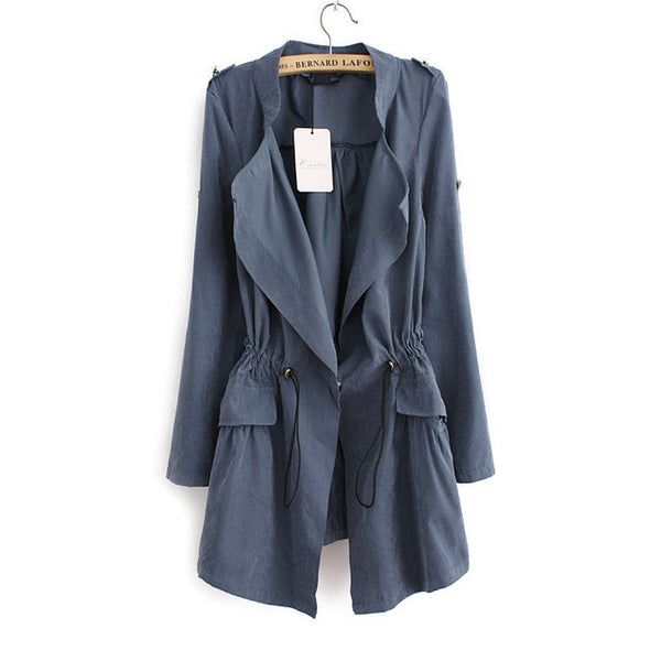 Women autumn office long trench plus size full sleeve drawstring Waist coats casaco feminine casual streetwear tops CT1089