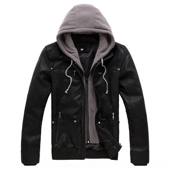 Size M-4XL Cotton Hooded Detachable Men's Fashion Motorcycle Black PU Faux Leather Jacket Men Casual Biker Leather Coat Slim