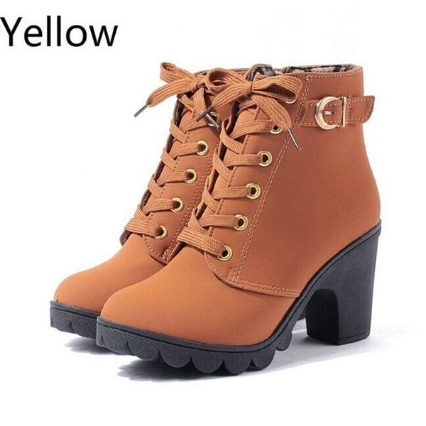 2017 New Autumn Winter Women Boots High Quality Solid Lace-up European Ladies shoes PU Leather Fashion Boots Free Shipping