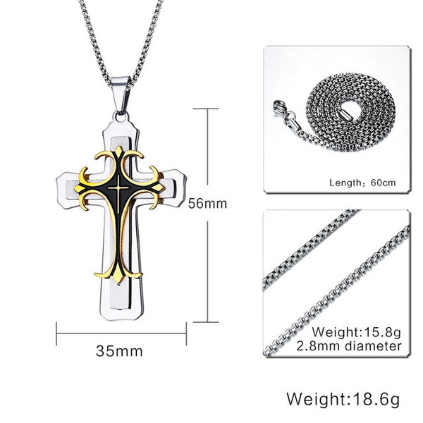 Meaeguet Stainless Steel Bold Large Layered Statement Cross For Men Male Pendant Necklace - 24" Chain