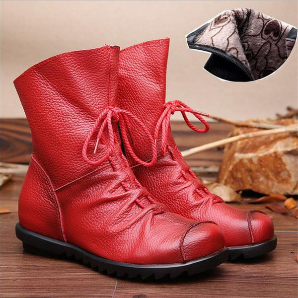 2017 Vintage Style Genuine Leather Women Boots Flat Booties Soft Cowhide Women's Shoes Front Zip Ankle Boots zapatos mujer