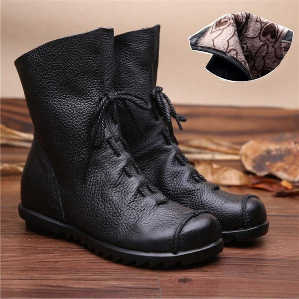 2017 Vintage Style Genuine Leather Women Boots Flat Booties Soft Cowhide Women's Shoes Front Zip Ankle Boots zapatos mujer