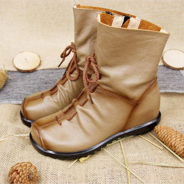 2017 Vintage Style Genuine Leather Women Boots Flat Booties Soft Cowhide Women's Shoes Front Zip Ankle Boots zapatos mujer