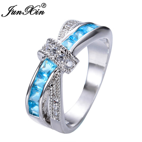 JUNXIN Light Blue Cross Ring Fashion White & Black Gold Filled Jewelry Vintage Wedding Rings For Women Birthday Stone Gifts