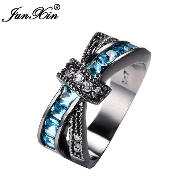 JUNXIN Light Blue Cross Ring Fashion White & Black Gold Filled Jewelry Vintage Wedding Rings For Women Birthday Stone Gifts
