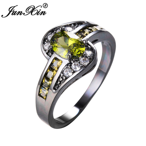 JUNXIN Female Peridot Oval Ring Fashion White & Black Gold Filled Jewelry Vintage Wedding Rings For Women Birthday Stone Gifts