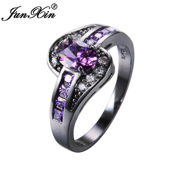 JUNXIN Female Purple Oval Ring Fashion White & Black Gold Filled Jewelry Vintage Wedding Rings For Women Birthday Stone Gifts