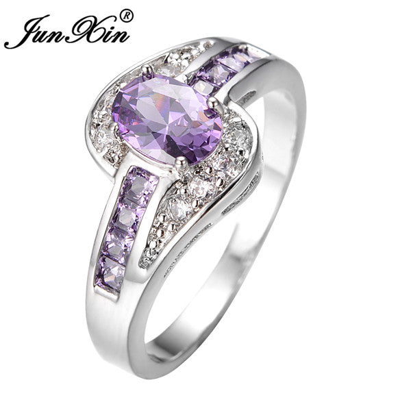JUNXIN Female Purple Oval Ring Fashion White & Black Gold Filled Jewelry Vintage Wedding Rings For Women Birthday Stone Gifts