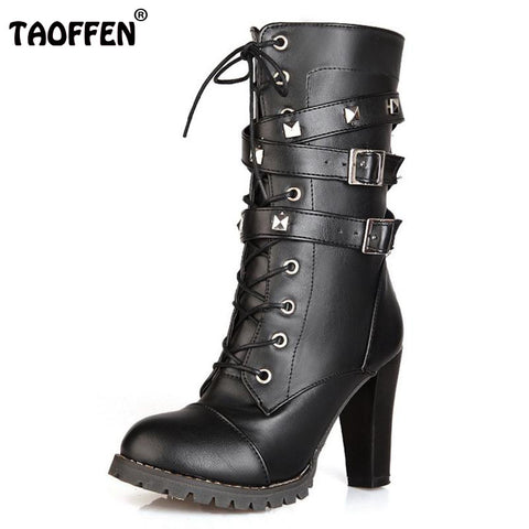 TAOFFEN Ladies shoes Women boots High heels Platform Buckle Zipper Rivets Sapatos femininos Lace up Leather boots Size 34-43