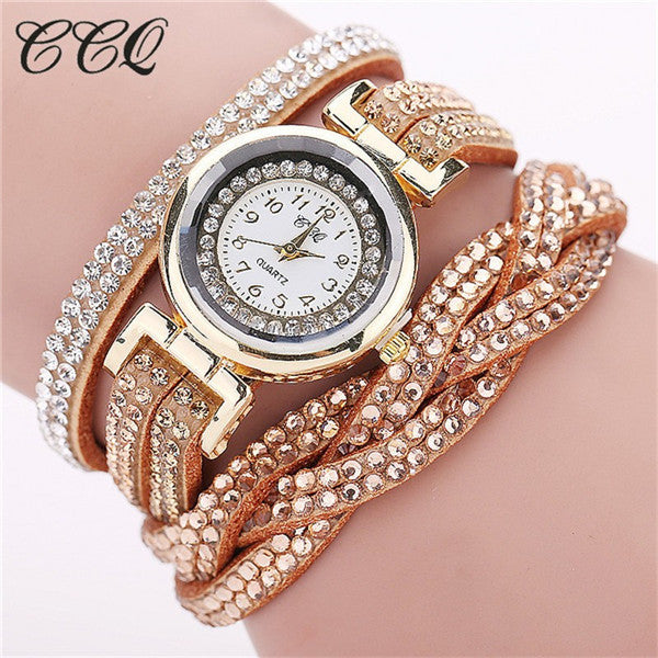 CCQ 2017 New Fashion Casual Quartz Women Rhinestone Watch Braided Leather Bracelet Watch Gift Relogio Feminino Gift 1739