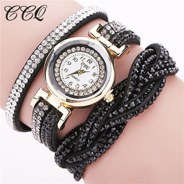 CCQ 2017 New Fashion Casual Quartz Women Rhinestone Watch Braided Leather Bracelet Watch Gift Relogio Feminino Gift 1739