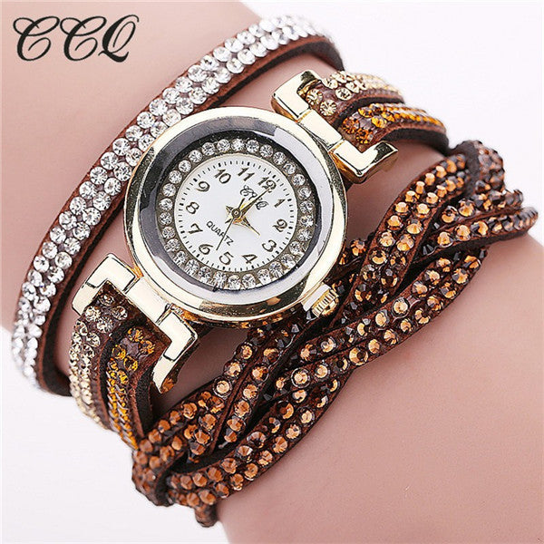CCQ 2017 New Fashion Casual Quartz Women Rhinestone Watch Braided Leather Bracelet Watch Gift Relogio Feminino Gift 1739