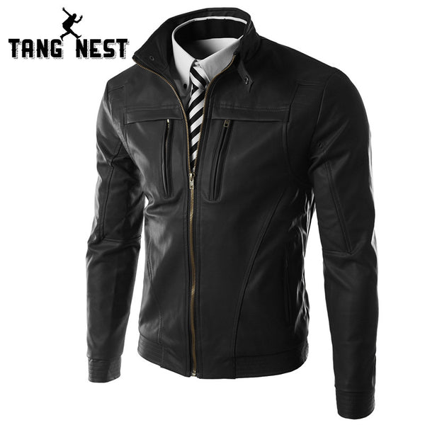 TANGNEST 2017 New Casual Slim Men Leather Jacket Fashion Men PU Leather Jacket Solid Color Mandarin Collar Male Jacket MWP269