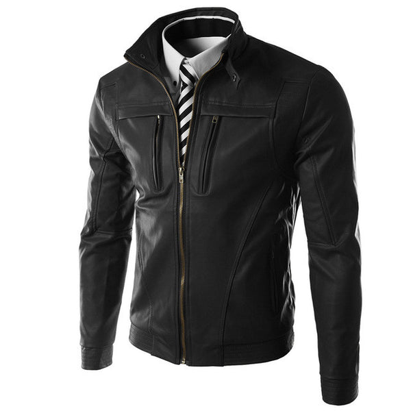 TANGNEST 2017 New Casual Slim Men Leather Jacket Fashion Men PU Leather Jacket Solid Color Mandarin Collar Male Jacket MWP269