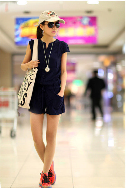 2017 Summer Women Casual Jumpsuits Short Sleeve Bodysuit Female Elastic Waist V neck Rompers Short Overalls for Women Playsuit