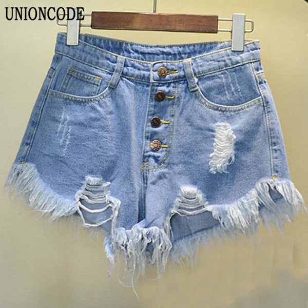 2017 European and American BF summer wind female blue high waist denim shorts women worn loose burr hole jeans shorts plus size
