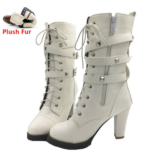 TAOFFEN Ladies shoes Women boots High heels Platform Buckle Zipper Rivets Sapatos femininos Lace up Leather boots Size 34-43