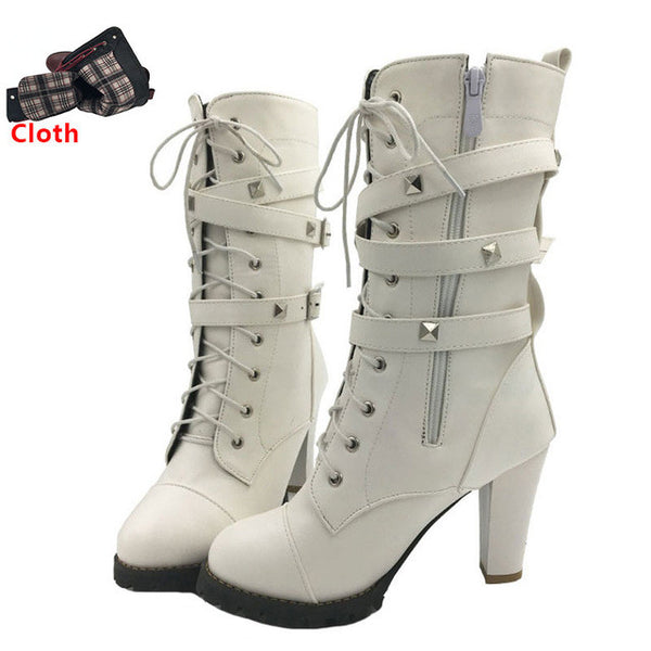 TAOFFEN Ladies shoes Women boots High heels Platform Buckle Zipper Rivets Sapatos femininos Lace up Leather boots Size 34-43