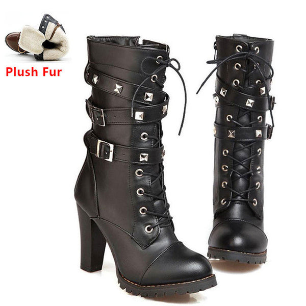 TAOFFEN Ladies shoes Women boots High heels Platform Buckle Zipper Rivets Sapatos femininos Lace up Leather boots Size 34-43